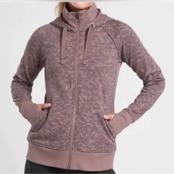 ATHLETA TRIUMPH PRINTED SMOKE ALMOND BROWN LYNX PATTERNED HOODIE SIZE S - Picture 2 of 10